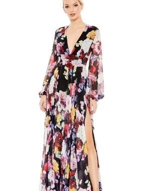 Mac Duggal Black Floral Maxi Dress with Multicolor Roses